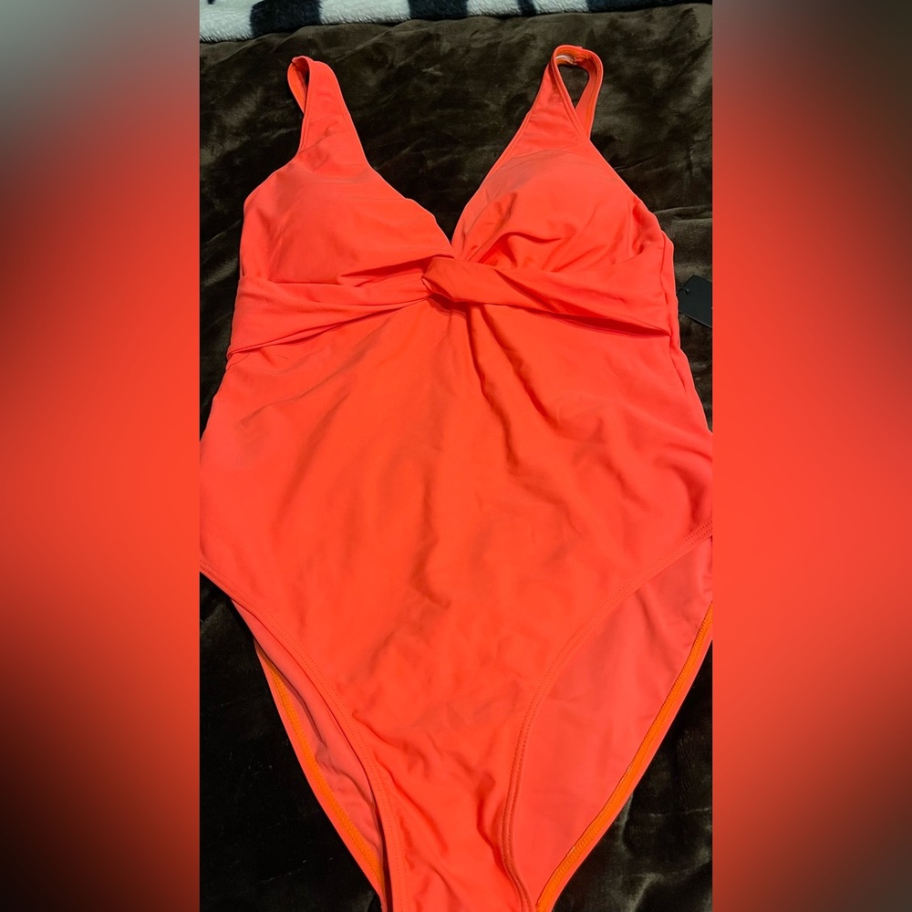 Aqua Eve NWT One Piece Swimsuits V Neck Tummy Control Front Cross orange